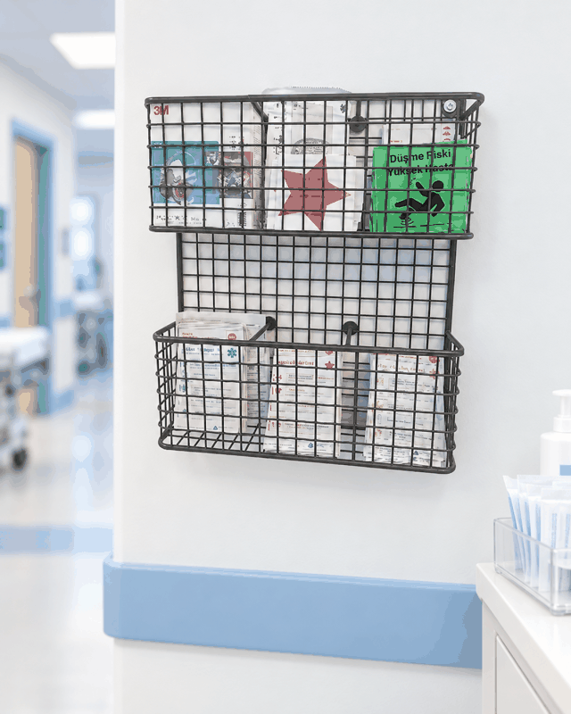 50 × 40 cm iki gözlü siyah metal klinik ve hastane malzeme rafının kullanım örneği