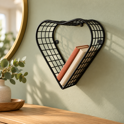 Yeşil duvarda kitaplarla kullanılan GO DEKOR kalpli tek gözlü siyah metal raf, 27 × 24 × 13 cm.