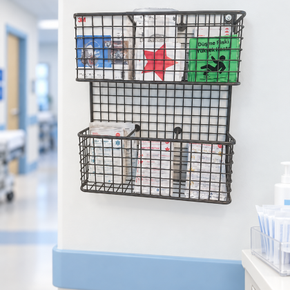 İki Gözlü Klinik Rafı – Hastane Ortamında Kapak Görseli; orijinal ürün, temsili klinik arka plan